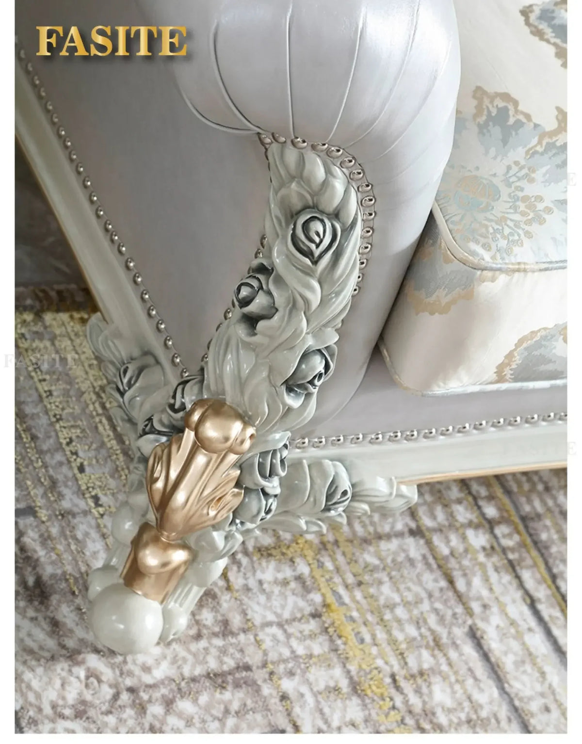 French light luxury living room large apartment first layer cowhide European solid wood carving flower three sofa combination