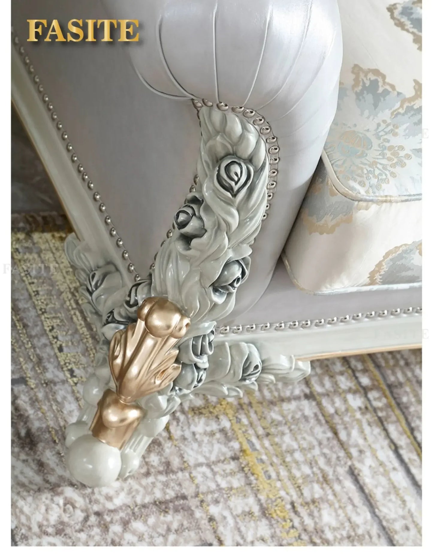 French light luxury living room large apartment first layer cowhide European solid wood carving flower three sofa combination