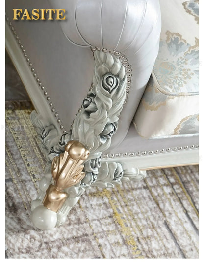 French light luxury living room large apartment first layer cowhide European solid wood carving flower three sofa combination
