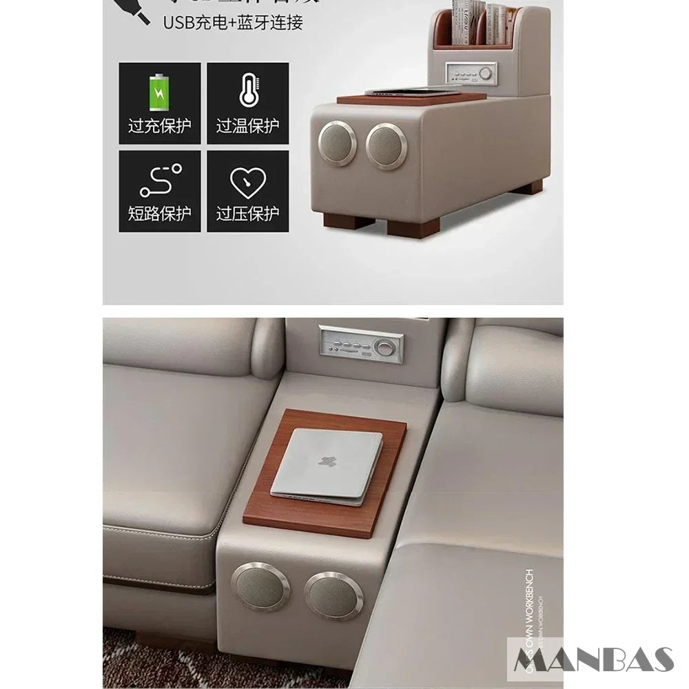 Genuine Leather Sofa With Bluetooth Speaker,USB And Adjustable Headrests - Nordic Italian Couch For Living Room Economically