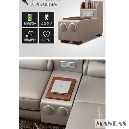Genuine Leather Sofa With Bluetooth Speaker,USB And Adjustable Headrests - Nordic Italian Couch For Living Room Economically