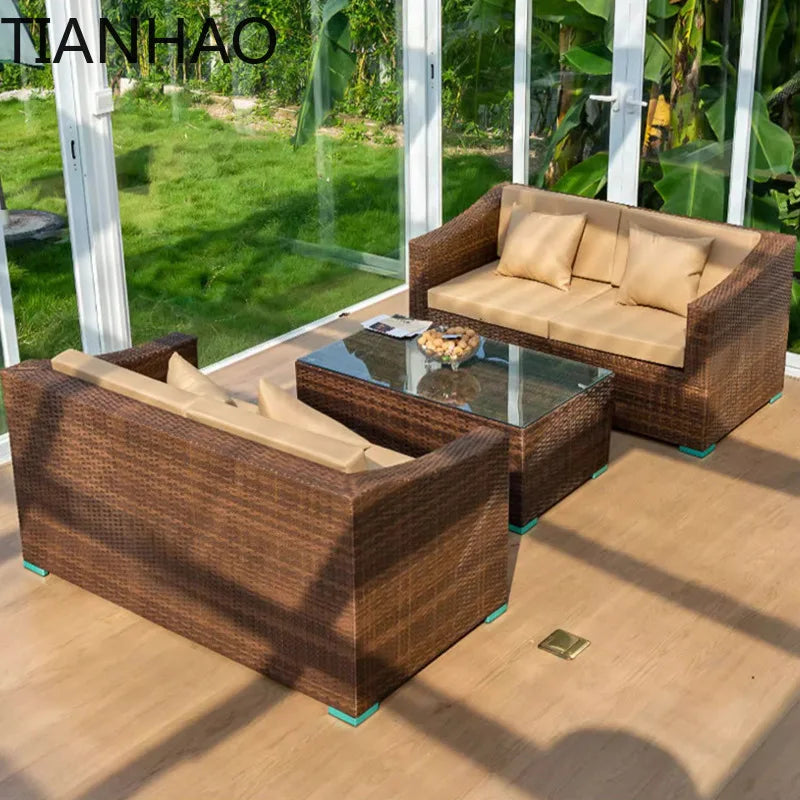 Outdoor rattan sofa combination courtyard terrace  waterproof sun protection outdoor garden rattan sofa furniture