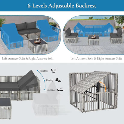 7 Pieces Outdoor Patio Furniture Set, Wicker Outdoor Sectional Conversation Couch Set with Adjustable Backrest Sofa