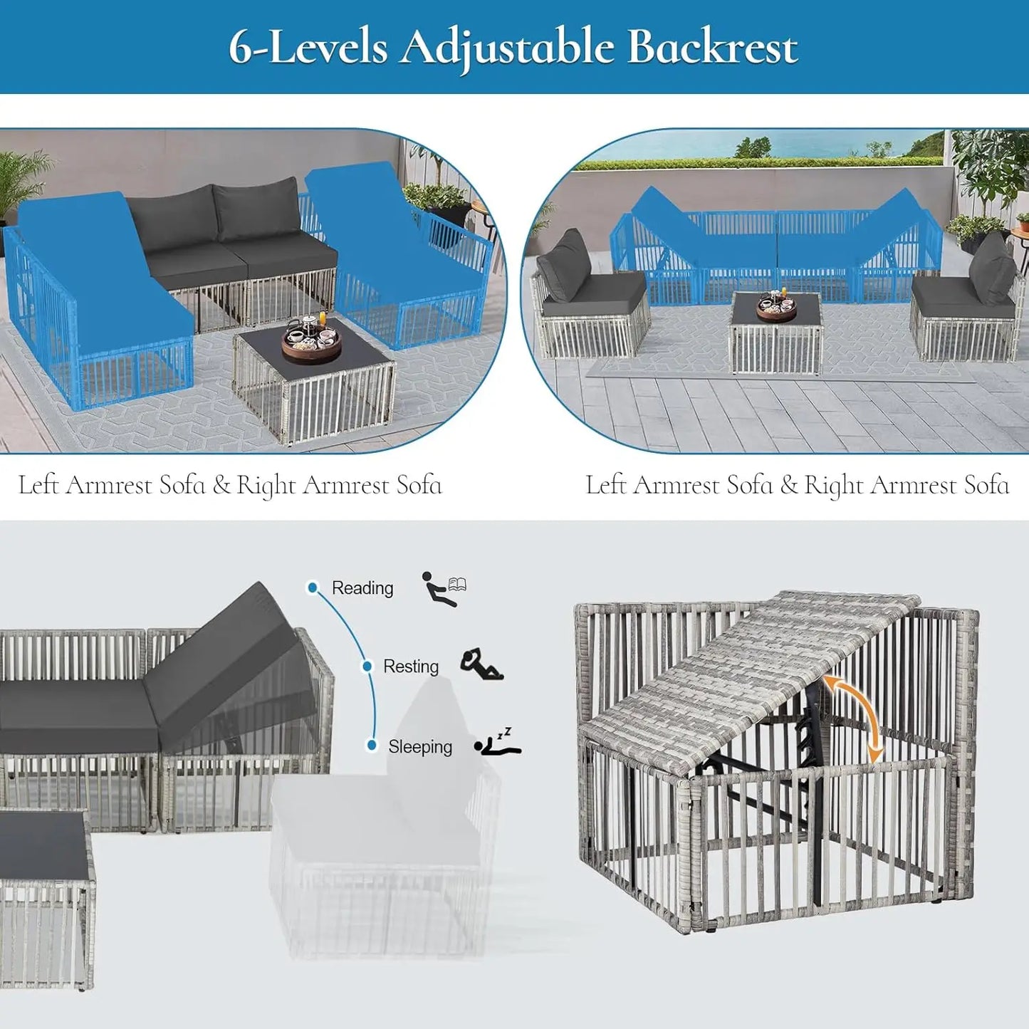7 Pieces Outdoor Patio Furniture Set, Wicker Outdoor Sectional Conversation Couch Set with Adjustable Backrest Sofa