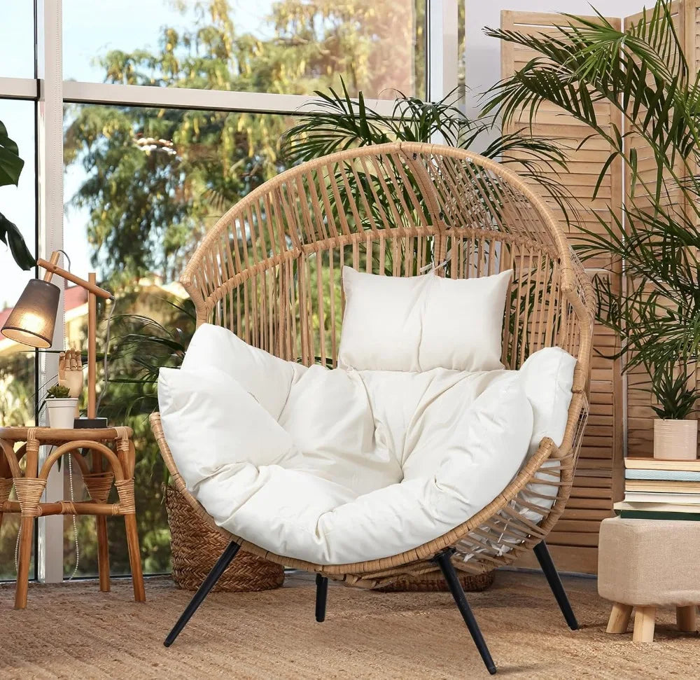 Oversized Wicker Egg Chair with Cushion, Indoor Outdoor Patio Lounger for Living Room Bedroom Balcony