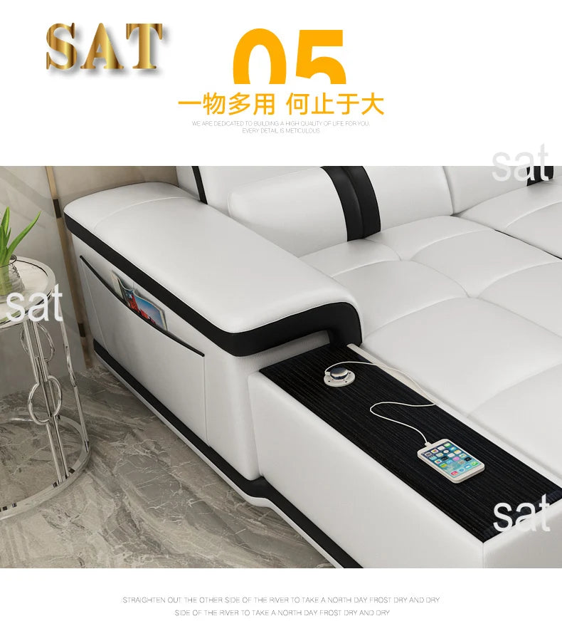 for Modern Living Room Sofas L Shape Corner Italian Genuine Leather Couch with Speake,Radio,USB, Bluetooth, Cup Holder