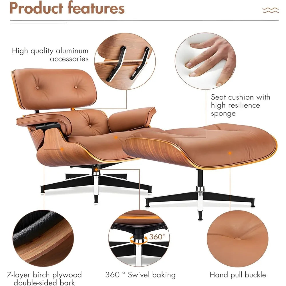 Top Grain Leather, Mid Century Chaise Lounge Chair and Ottoman, Modern Chair Classic Design, Heavy Duty Base Support for Living