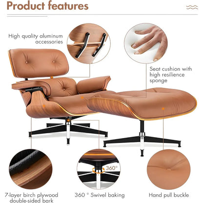 Top Grain Leather, Mid Century Chaise Lounge Chair and Ottoman, Modern Chair Classic Design, Heavy Duty Base Support for Living