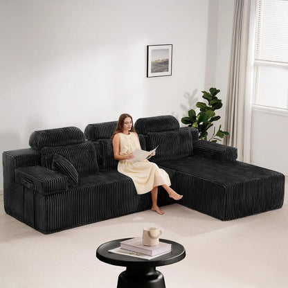 "High Backrest L-Shape Modular Sectional Sofa with Cloud Corduroy, Convertible Chaise for Left or Right Side, Bonel"