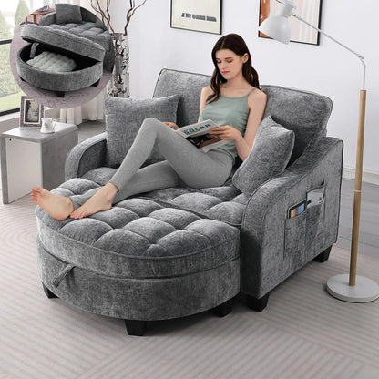 Oversized Curved Chaise Lounge Chair Indoor with Ottoman, 54.8" Cloud Reading Chair Soft Chenille Circle, Customized