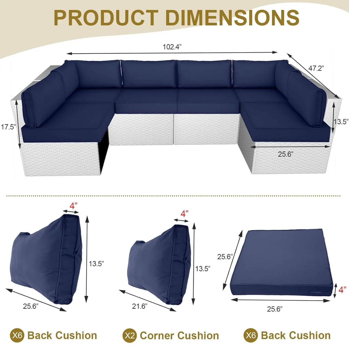 14 Piece Outdoor Replacement Cushions for Patio Furniture, Water-Resistant Sectional Sofa Cushions,Fits 6-seat, Customized