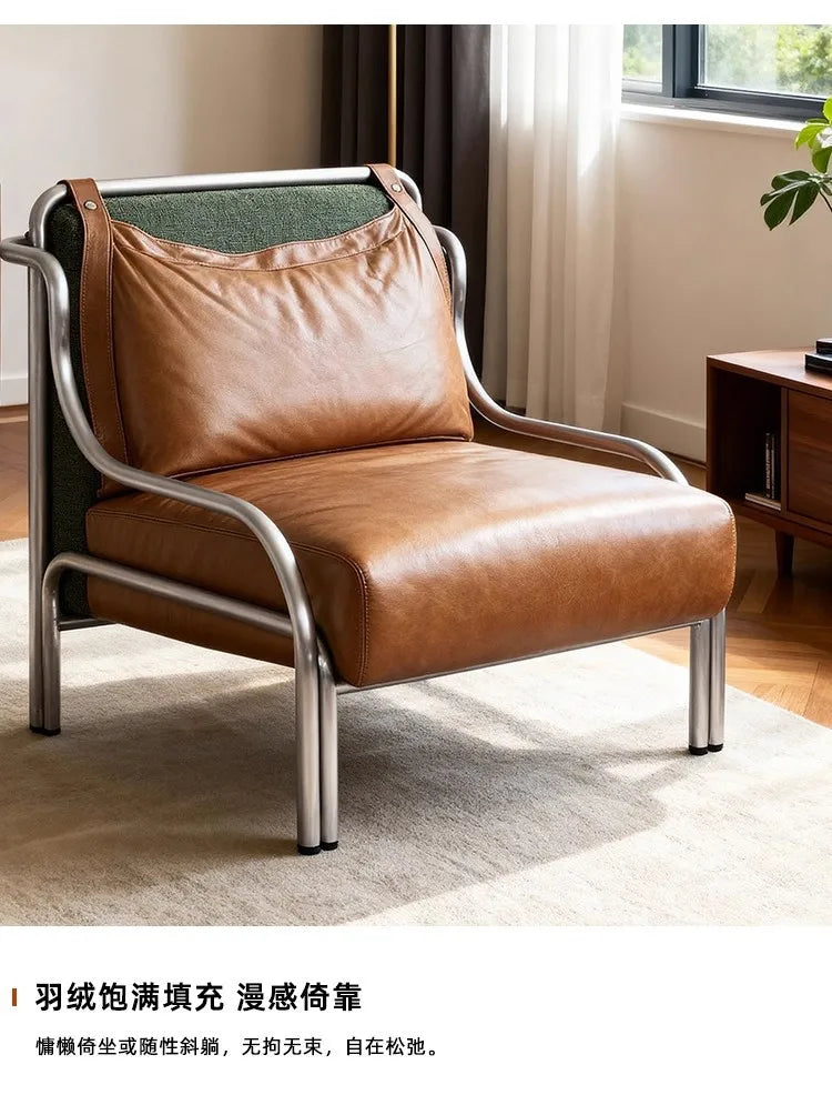Mid-style leather single sofa lounge chair stainless steel brown leather art c hair