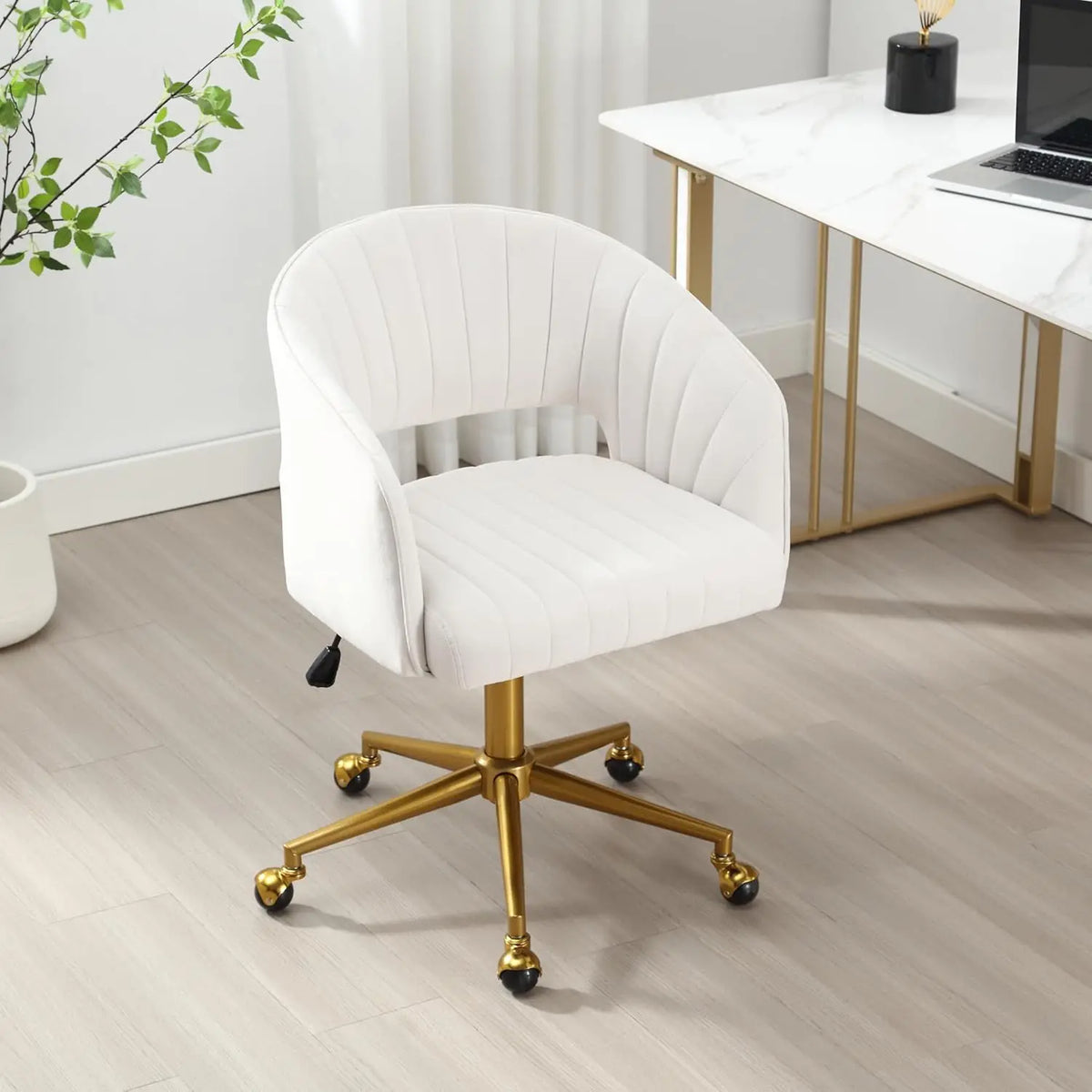 Modern Velvet Swivel Desk Chair, Height Adjustable Armchair with Gold Base, Ergonomic Office Chair for Home Office, Cream
