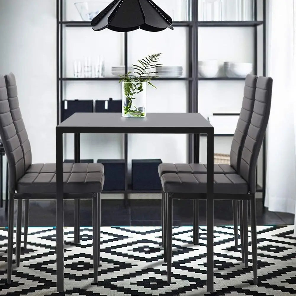 Dining Room Table Set 5-Piece Kitchen with 4 Faux Leather Metal Frame Chairs Rectangular Modern for Small Spaces w/Glass Tableto