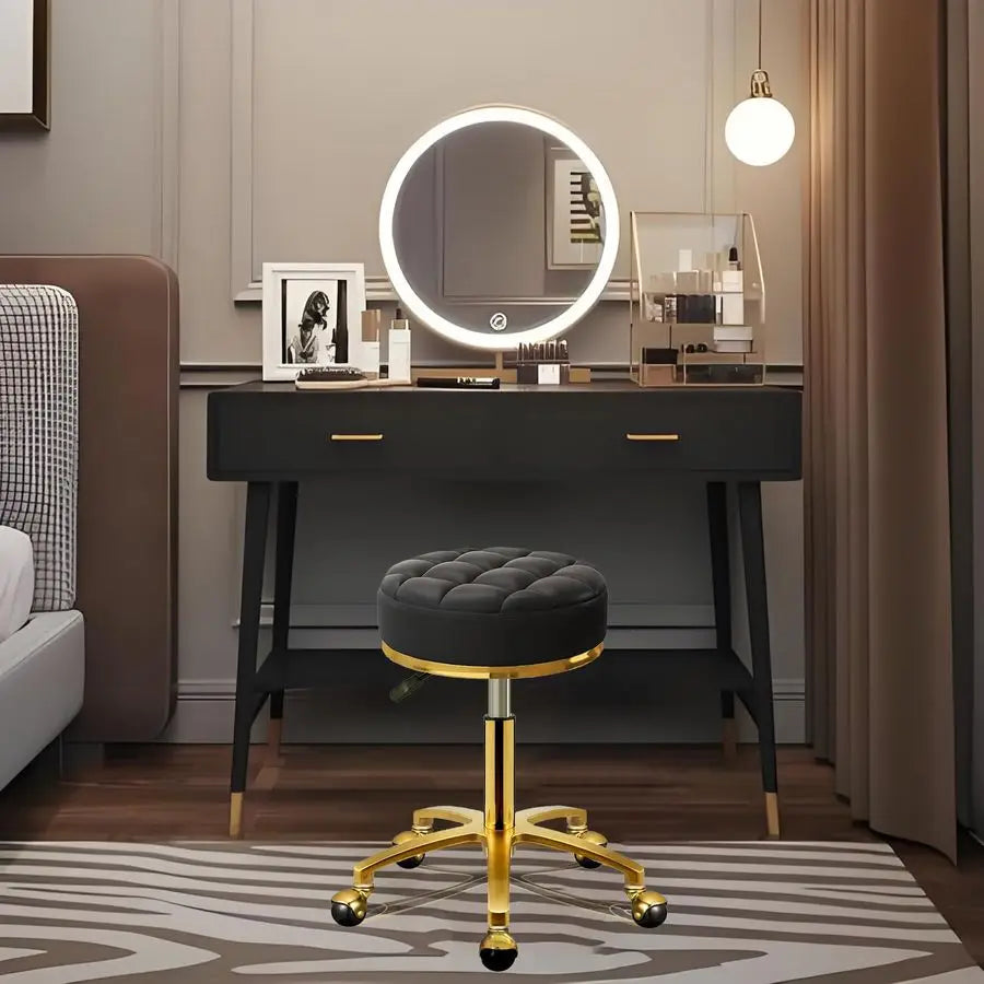 Rolling Stool Gold Vanity Stool with Wheels, Pedicure Massage Roller Stools, PU Leather Round Swivel Salon Spa Chair, Titanium