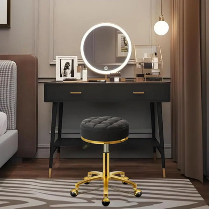 Rolling Stool Gold Vanity Stool with Wheels, Pedicure Massage Roller Stools, PU Leather Round Swivel Salon Spa Chair, Titanium