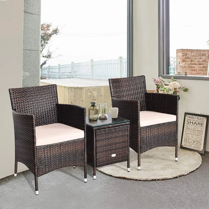 3 Piece Patio Set Wicker Rattan Furniture Set Outdoor Rattan Conversation Set with Coffee Table Chairs & Thick Cushio