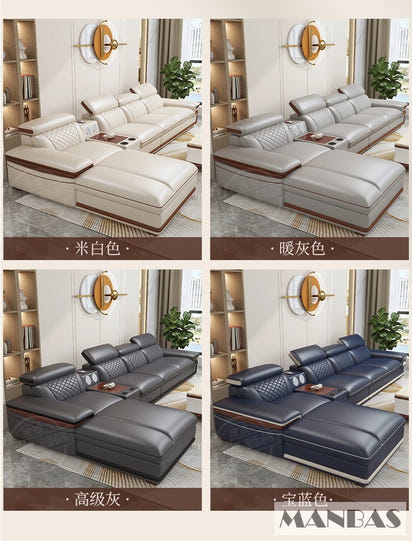 MINGDIBAO Premium Italian Genuine Leather Sofa Set for Living Room with Adjustable Headrests, Bluetooth Speaker, Wireless Charge