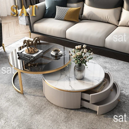 #Luxury Furniture Marble Top Gold Stainless Steel Frame Sectional Glass Round Coffee Table