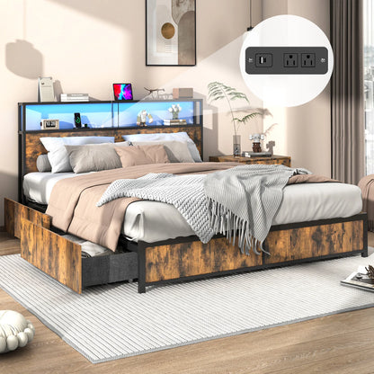 LED Bed Frame Full/QueenKing Size with 2 USB Ports and Outlets, Platform Metal Bed Frame with 4 Storage Drawers and Headboard