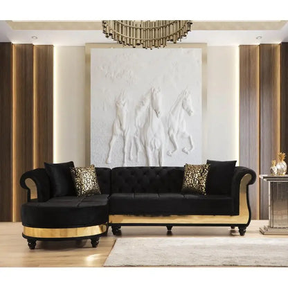 Black Tufted Upholstered Sectional Sofa with Wood Frame