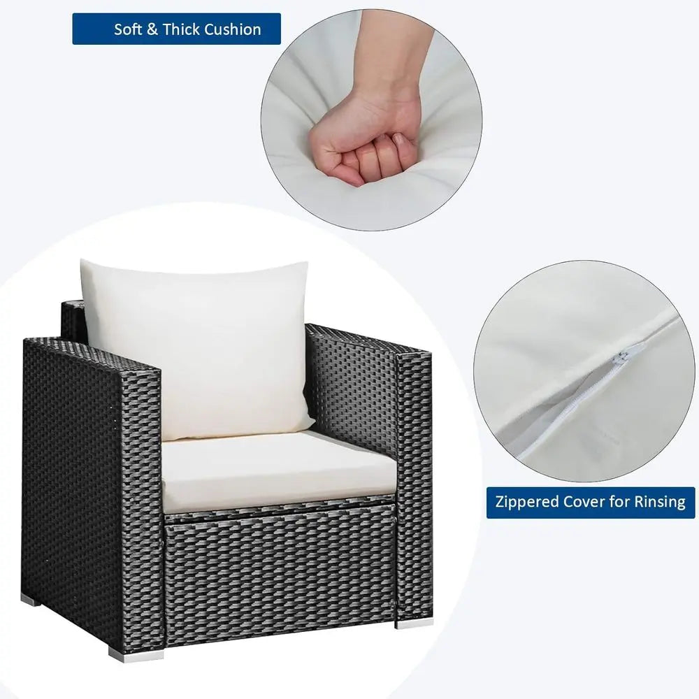 3 Pieces Patio Furniture Set, PE Rattan Wicker Sofa Set with Washable Cushion and Tempered Glass Tabletop, Outdoor or Garden Poo