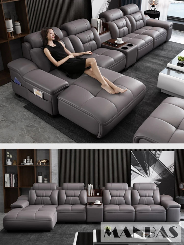 MANBAS Italian Genuine Leather Sectional Sofa with USB Charging, Bluetooth Speaker and Projector - Perfect for Your Living Room