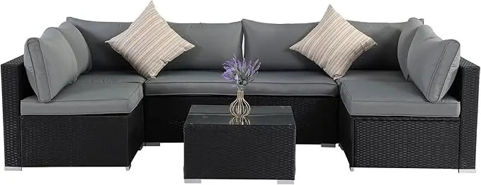 7Pieces Patio Furniture Set - All-Weather Outdoor Wicker Sectional Conversation Sofa, Rattan Patio Seating Sofa Set with Cushion