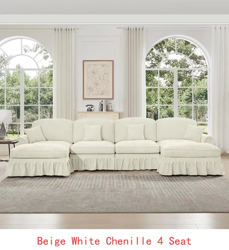 Classic U-Shaped 4-Seater Modular Sectional Sofa Couch with Flared Arms, Removable Ruffled Skirts, and Spindle Legs, Chenille