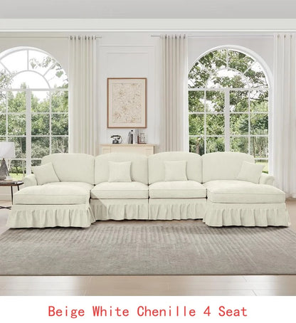 Classic U-Shaped 4-Seater Modular Sectional Sofa Couch with Flared Arms, Removable Ruffled Skirts, and Spindle Legs, Chenille