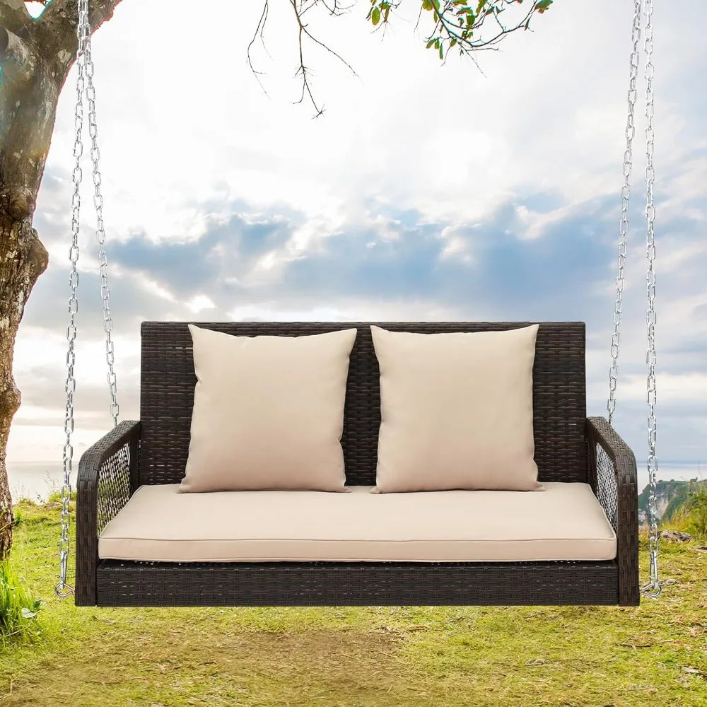 Porch Swing Outdoor 2-Person Hanging Bench Chair with Seat & Back Cushions, Heavy-Duty Metal Structure & 2 Hanging Ch