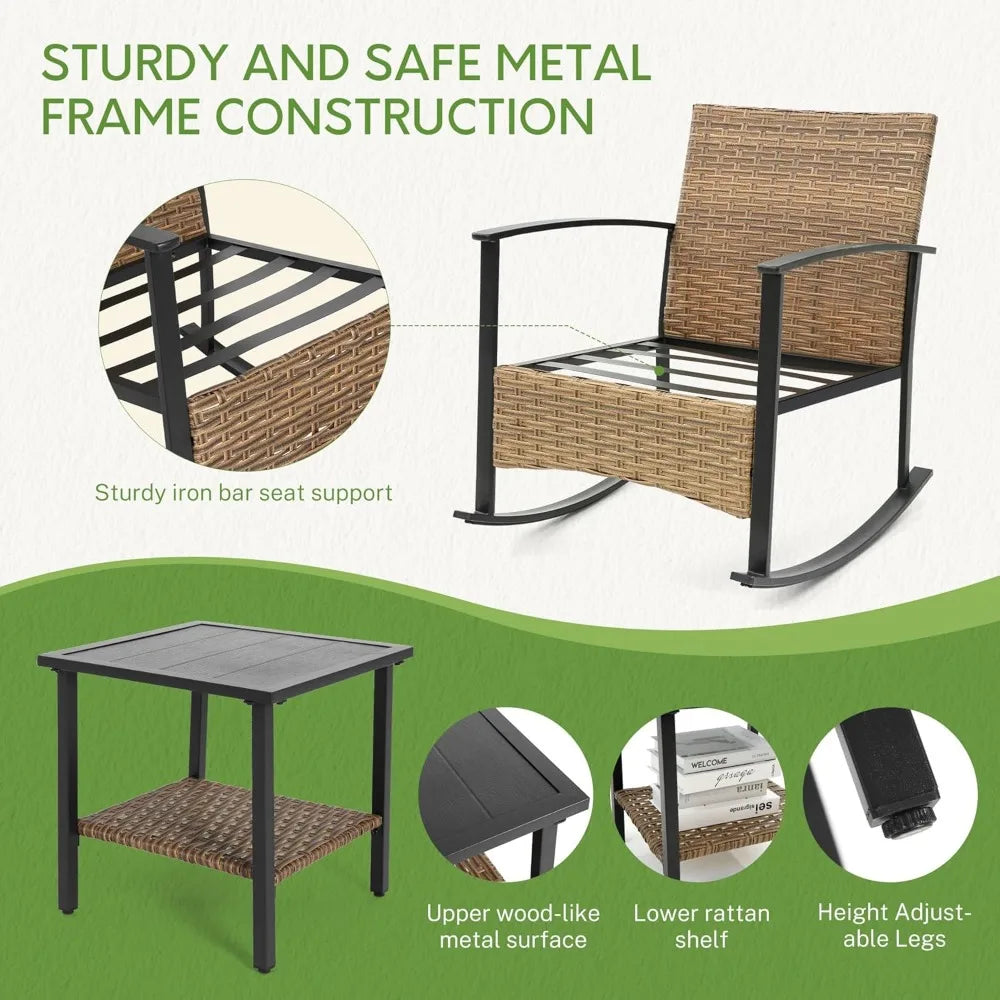 Wicker Rocking Chairs for Outdoors 3 Piece, Patio Rocking Chairs Set of 2, Patio Furniture Set, Small Outdoor Set for Porch, Poo