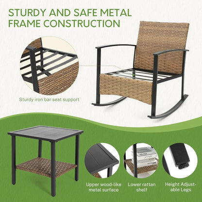 Wicker Rocking Chairs for Outdoors 3 Piece, Patio Rocking Chairs Set of 2, Patio Furniture Set, Small Outdoor Set for Porch, Poo