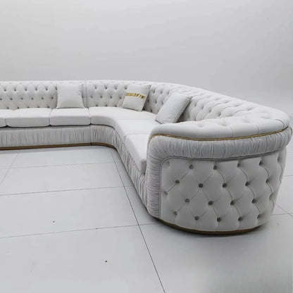 Luxury Sofa Set with Cloth Buttons and Fabric Modular Couch with Gold Stainless Steel Base, 3-seater Sofa