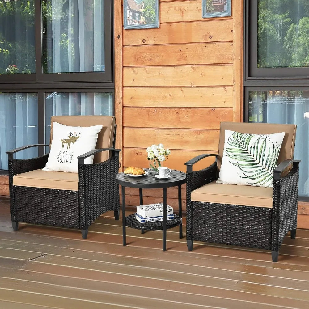 3 Pieces Rattan Wicker Patio Conversation Set with Coffee Table, Cushions, Sturdy Steel Frame, Outdoor Furniture Set