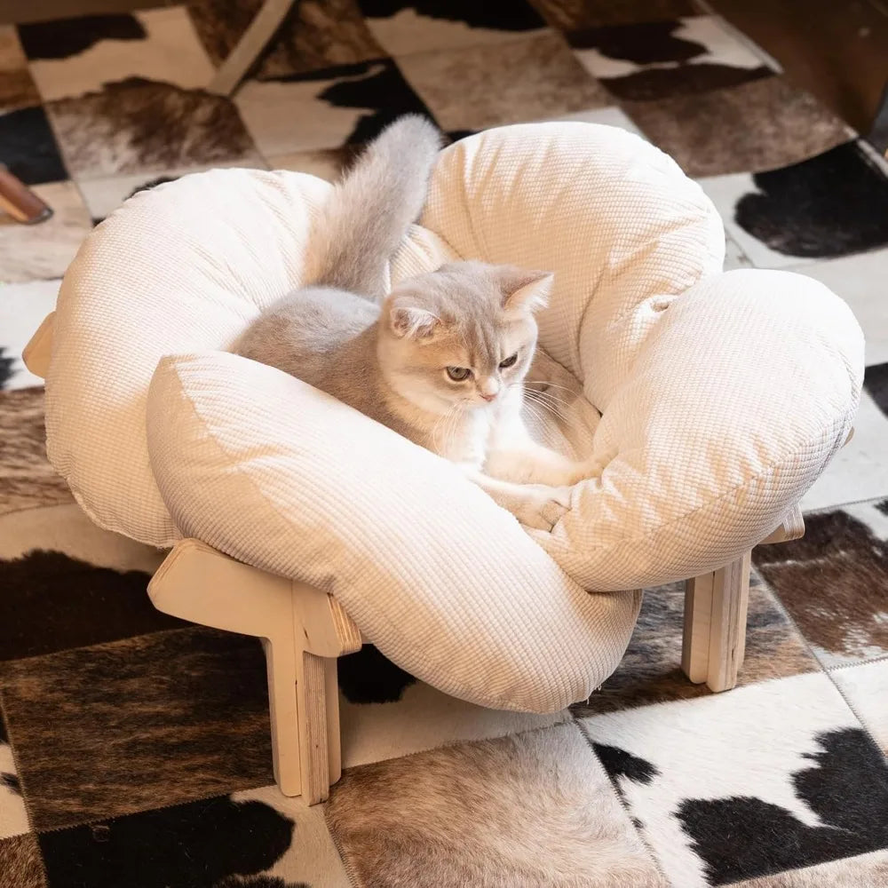 Elevated Cat Bed Wooden With Cushion Fluffy Pet Couch Sofa For Indoor Cats Raised Kitty Lounge Chair Suitable