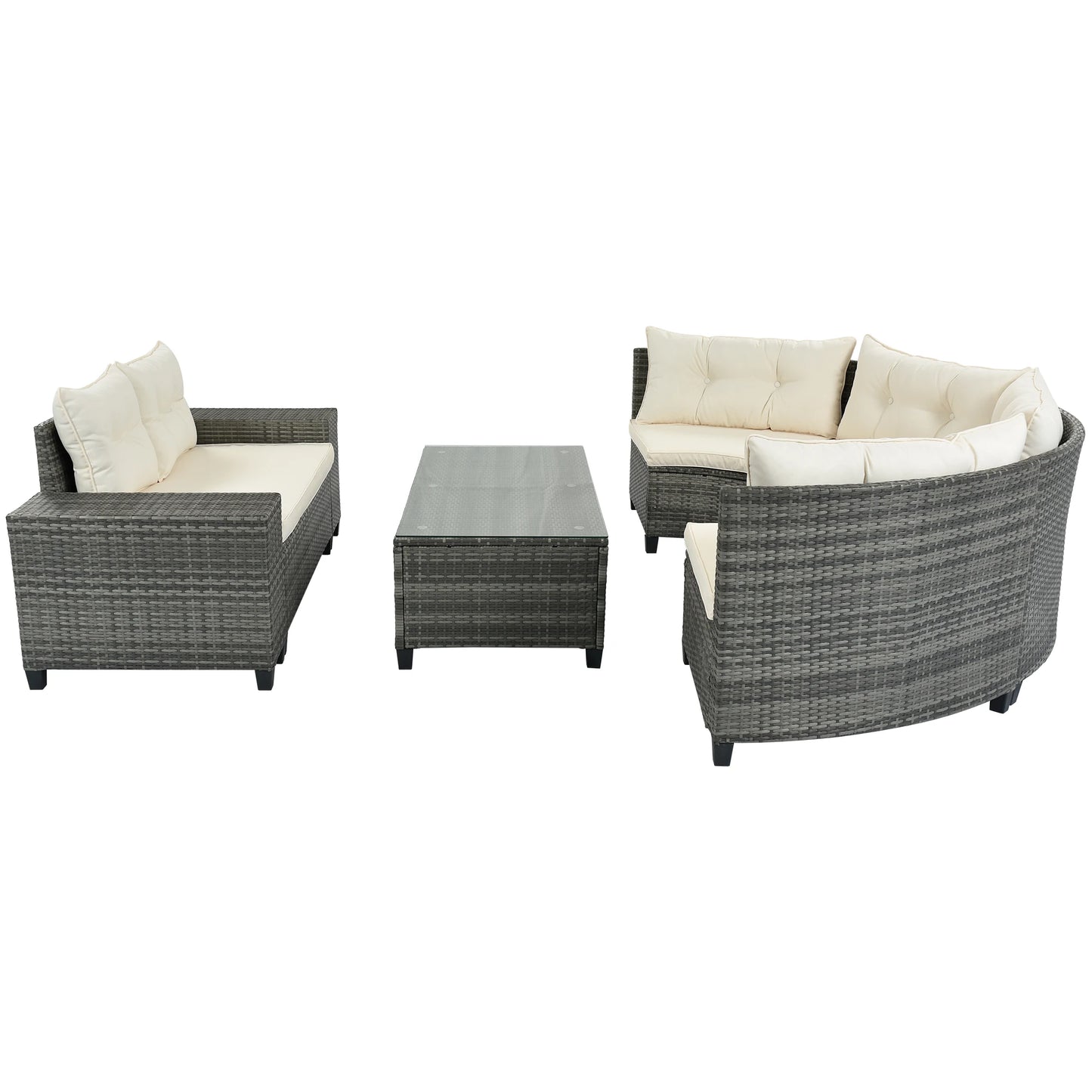 8-pieces Outdoor Wicker Round Sofa Set, Half-Moon Sectional Sets All Weather, Curved Sofa Set With Rectangular Coffee Table, PE