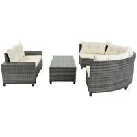 8-pieces Outdoor Wicker Round Sofa Set, Half-Moon Sectional Sets All Weather, Curved Sofa Set With Rectangular Coffee Table, PE