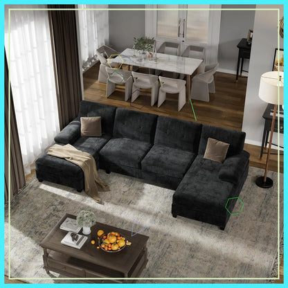 U-Shaped Modular Sectional Sofa, Convertible 4-Seater with Double Chaise, Black for Living Room