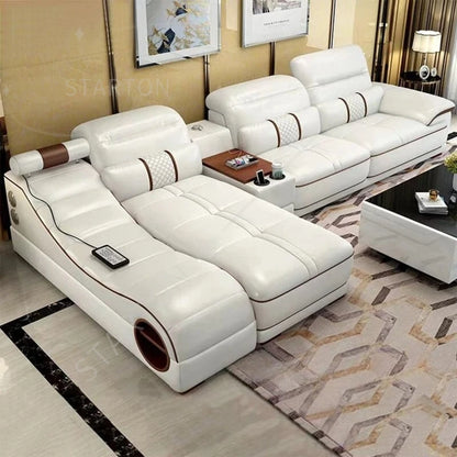 Modern Luxury Sectional Sofa Set with Chaise Lounge – Italian Genuine Leather Couch with Speakers, USB Port