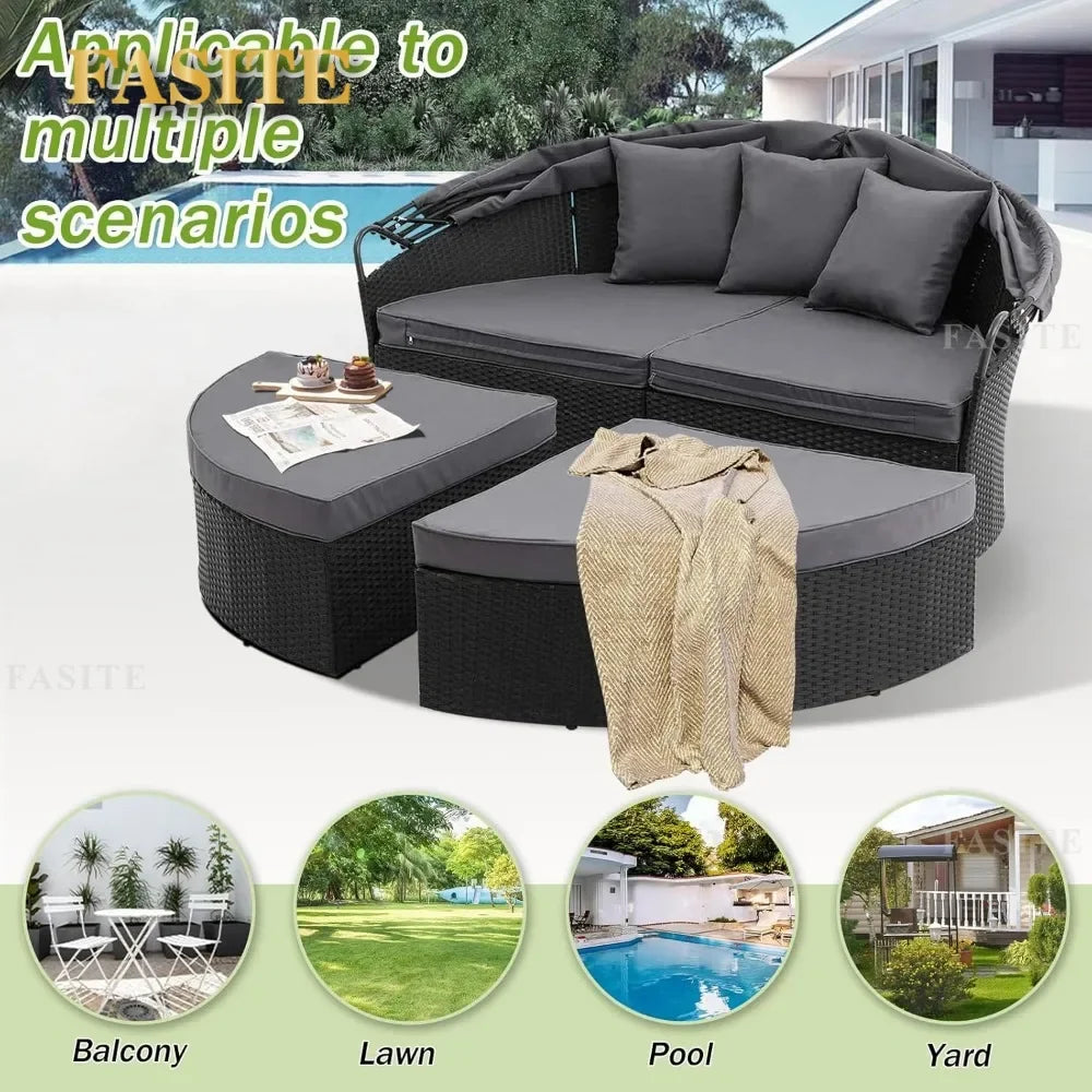 Nordic luxury Leisure Round Daybed with Retractable Canopy,Outdoor Furniture with Washable Cushions, Clamshell Sectional Seating