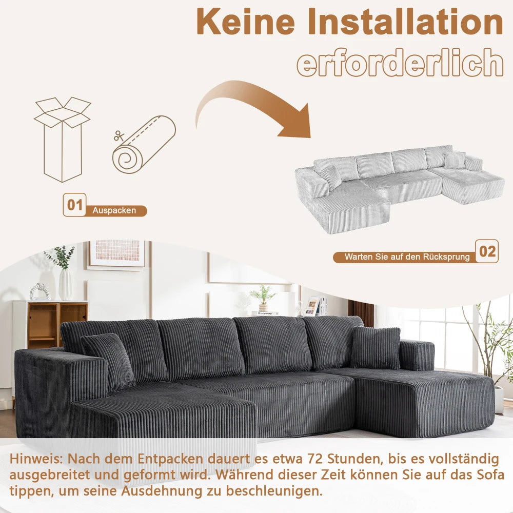 Living Room Boneless Modular Sofa, Corduroy Fabric, Modern U-shaped Leisure Sofa, High-density Sponge, No Assembly, for Home
