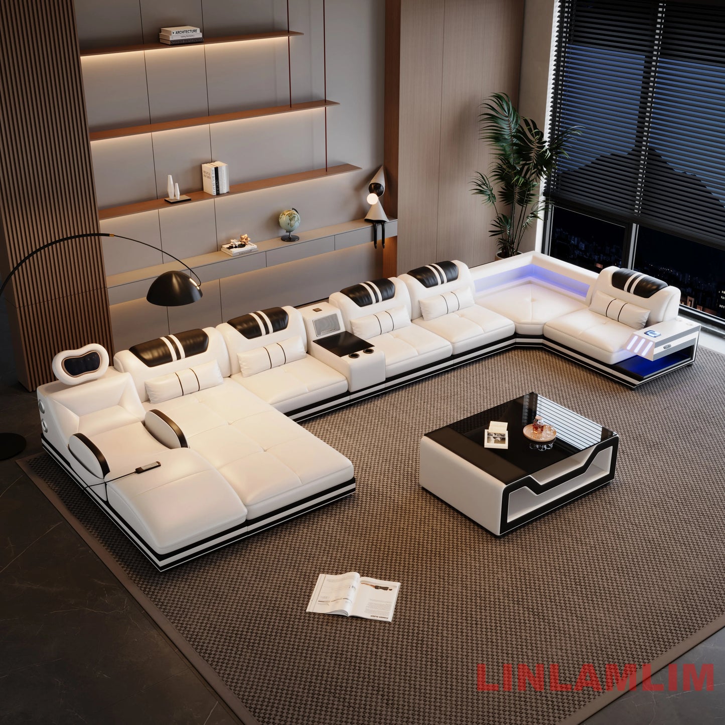 Convertible Genuine Leather Sectional Sofa Bed with Adjustable Headrests, Electric Recliners, Storage, Speakers, USB & LED Light