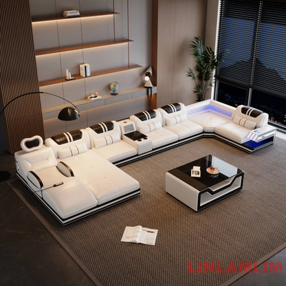 Convertible Genuine Leather Sectional Sofa Bed with Adjustable Headrests, Electric Recliners, Storage, Speakers, USB & LED Light