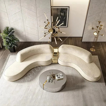Luxurious Leisure Leather Curved Sofa with Brass Base Couch Elegance Living Room Set Villa Whole House Furniture Customization