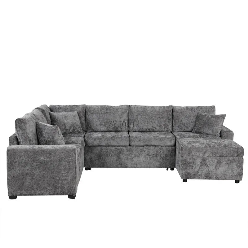 112.2" Sectional Sofa Pull-out Sofa Bed Sleeper with a Storage Ottoman,Three Pillows and Charging Devices for Living Room, Grey