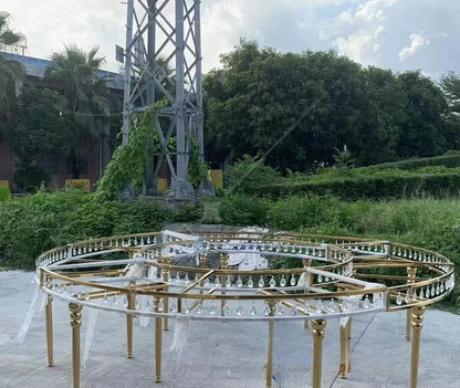Hotel Modern Luxury Event Banquet Table Golden Stainless Steel Frame Glass Top Serpentine Wedding Table