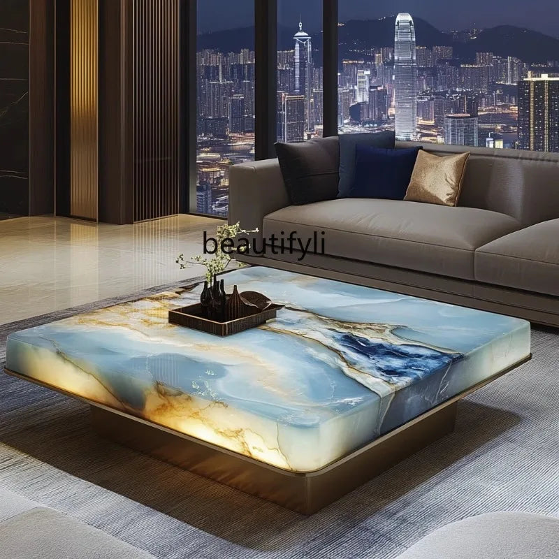 Natural marble new Chinese color luxury stone high-grade luminous jade living room minimalist villa square tea table