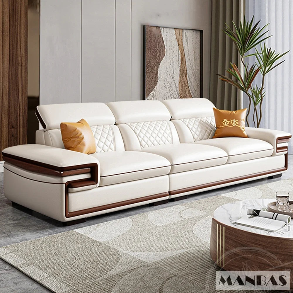 MINGDIBAO Premium Italian Genuine Leather Sofa Set for Living Room with Adjustable Headrests and Built-in Bluetooth Speaker, USB