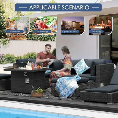 8-Seater Outdoor Patio Sectional Set with Dual Firepit Table, 29.3'' High Back Wicker Seating